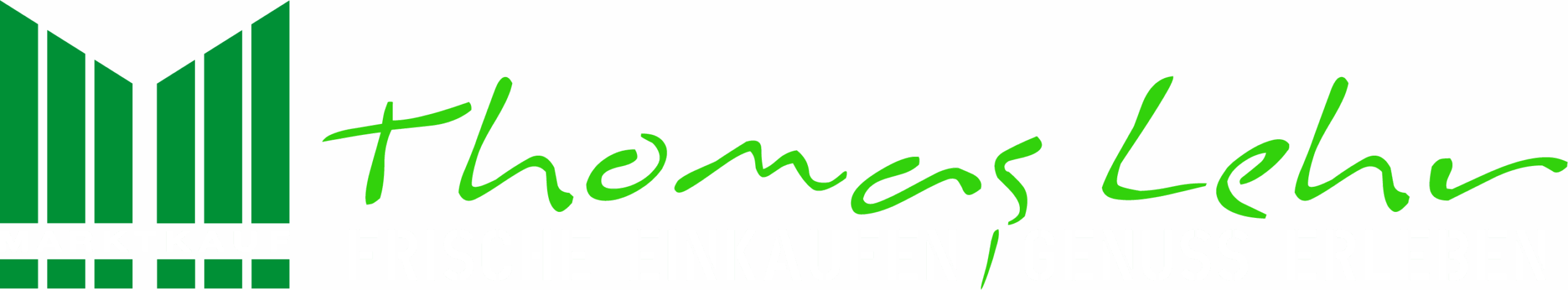 Logo von Marktkauf mit grünem stilisiertem Gebäudesymbol, daneben der handschriftliche grüne Schriftzug Thomas Lehn und darunter in weißer Blockschrift der Slogan Frische Einkaufen Genuss Erleben