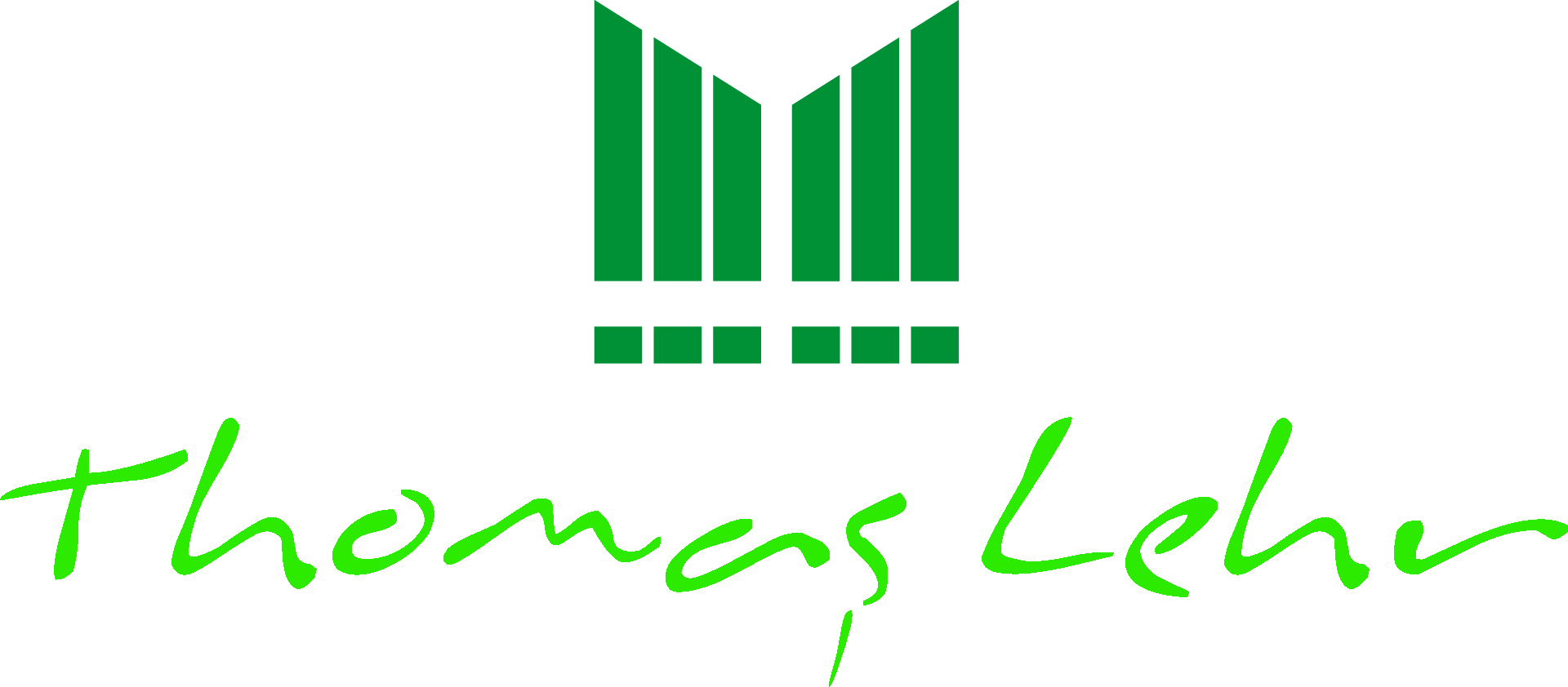 Grünes, stilisiertes Gebäude-Symbol über handschriftlich grünem Text "Thomas Lehr" auf weißem Hintergrund