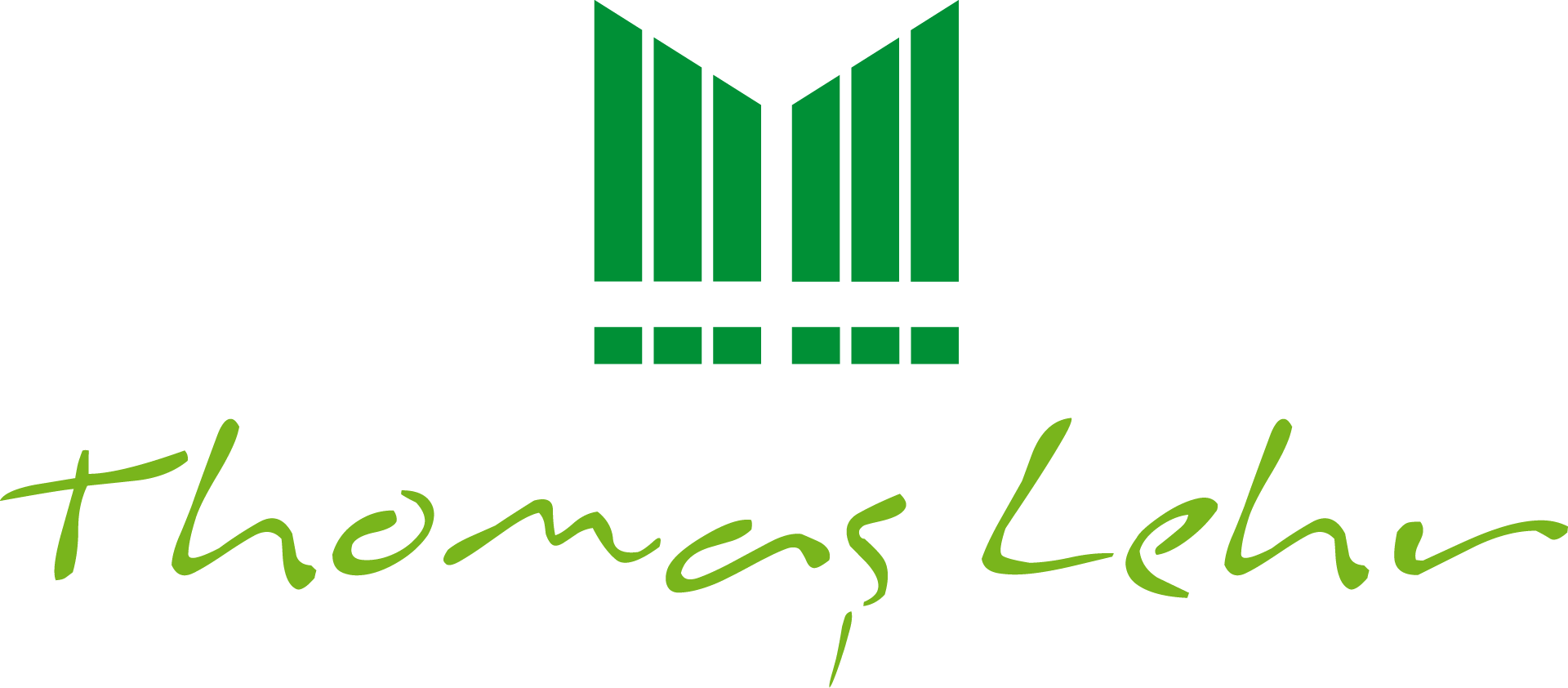 Logo mit grünen vertikalen Balken und Punkten über dem handschriftlichen Schriftzug Thomas Lehner in Grün