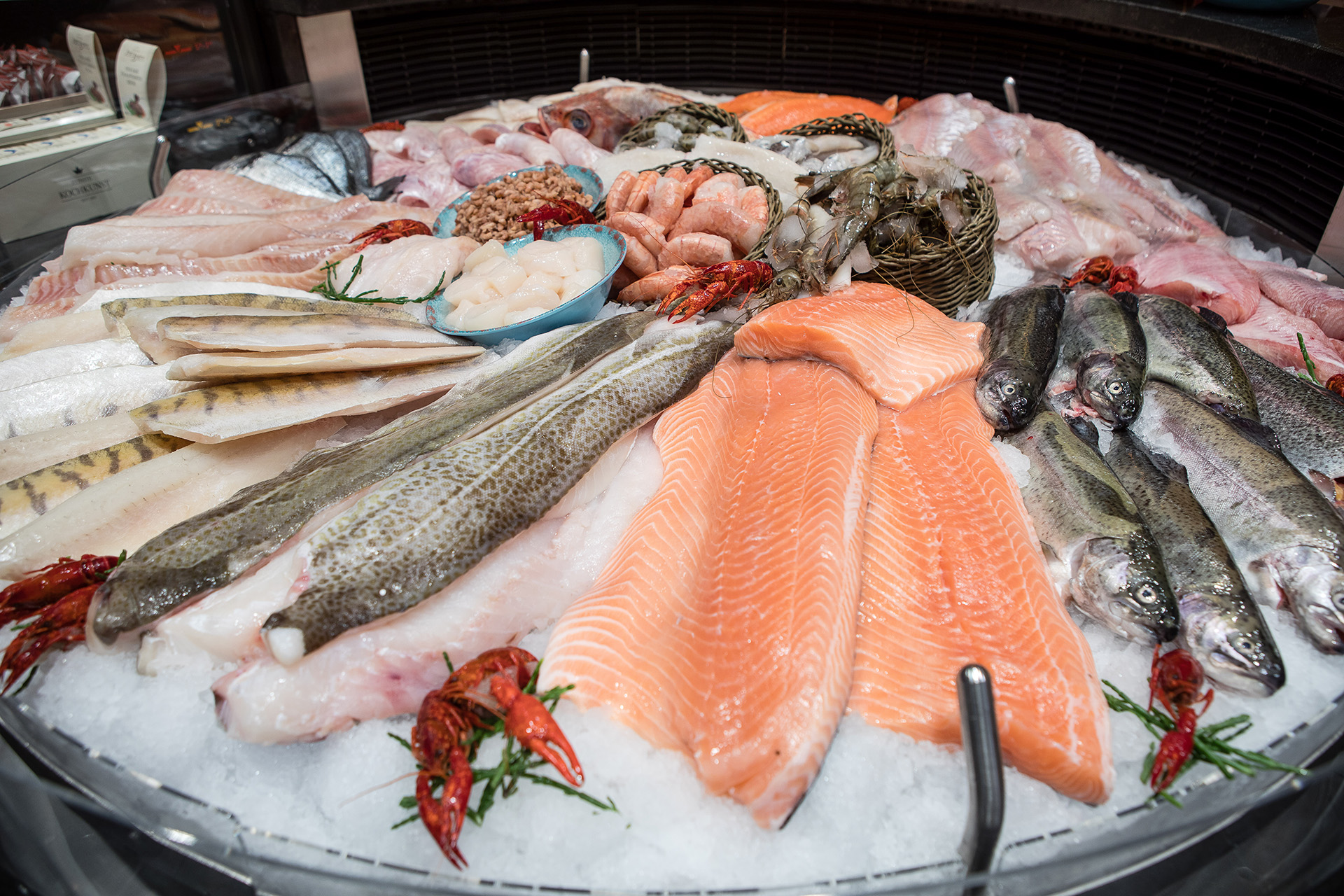 Frische Auswahl verschiedener Fischfilets, ganzer Fische, Garnelen, Krabben und anderer Meeresfrüchte auf Eis in einer Auslage.