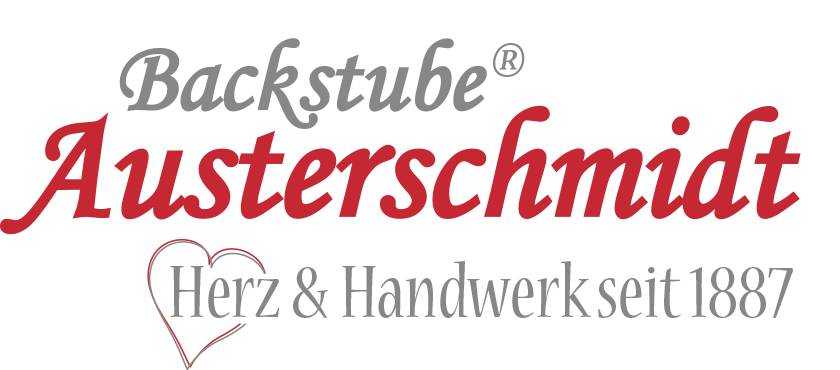 Logo mit dem Text ‚Backstube Austerschmidt Herz & Handwerk seit 1887‘, wobei ‚Austerschmidt‘ in roter und der restliche Text in grauer Schrift dargestellt ist, dazu eine rote Herzlinie links vom Text ‚Herz & Handwerk‘.