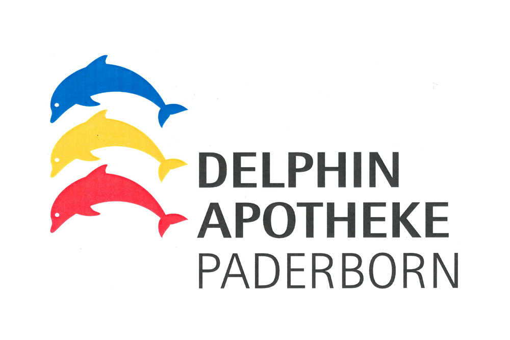 Logo mit drei stilisierten Delfinen in Blau, Gelb und Rot neben dem Text "Delphin Apotheke Paderborn"