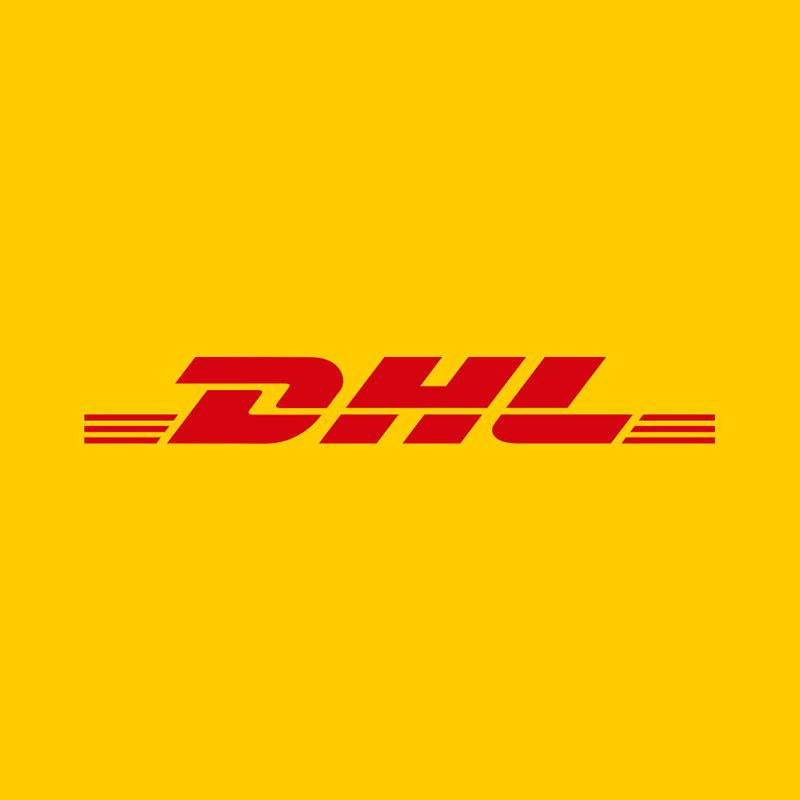 Das rote DHL-Logo auf gelbem Hintergrund, bestehend aus den Buchstaben D, H und L mit horizontalen Linien links und rechts zur Darstellung von Geschwindigkeit.